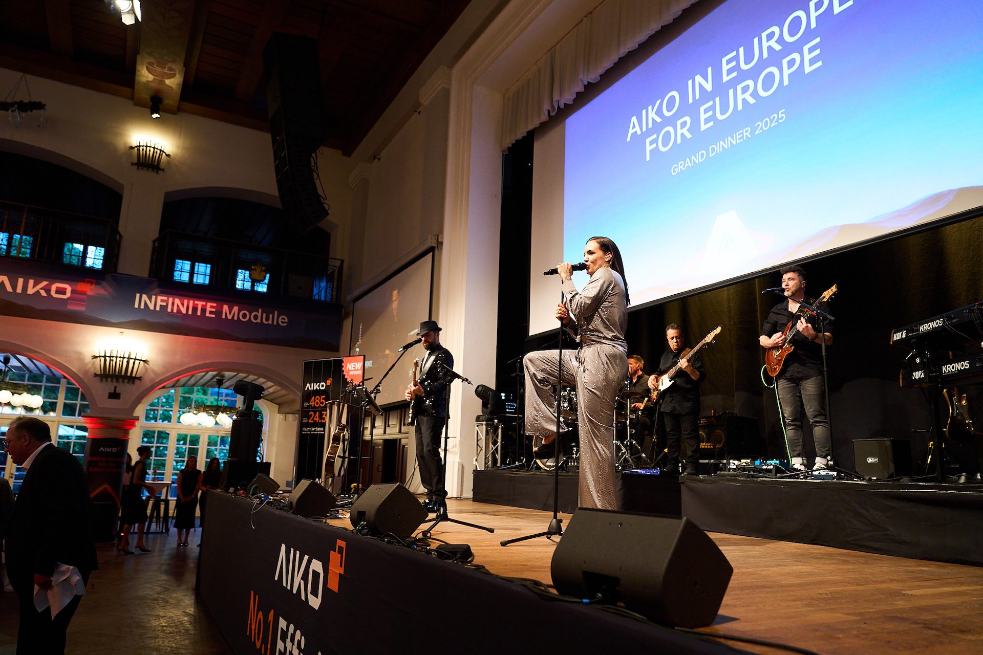 Coverband München N*COGNITO live auf der Bühne beim AIKO Firmenevent Gala im Löwenbräukeller 2025 – seitliche Aufnahme